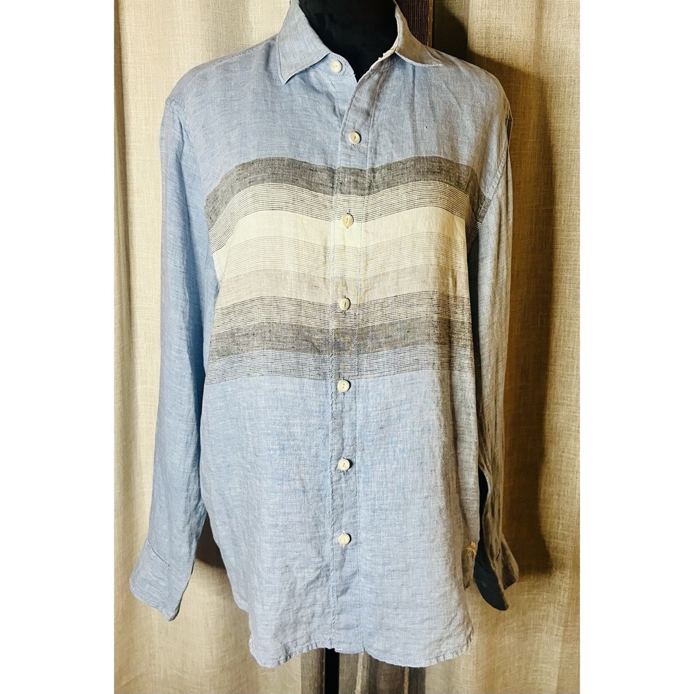 Tommy Bahama Mens M 100% Linen Long Sleeve Shirt Raffia Blues Buccaneer Striped